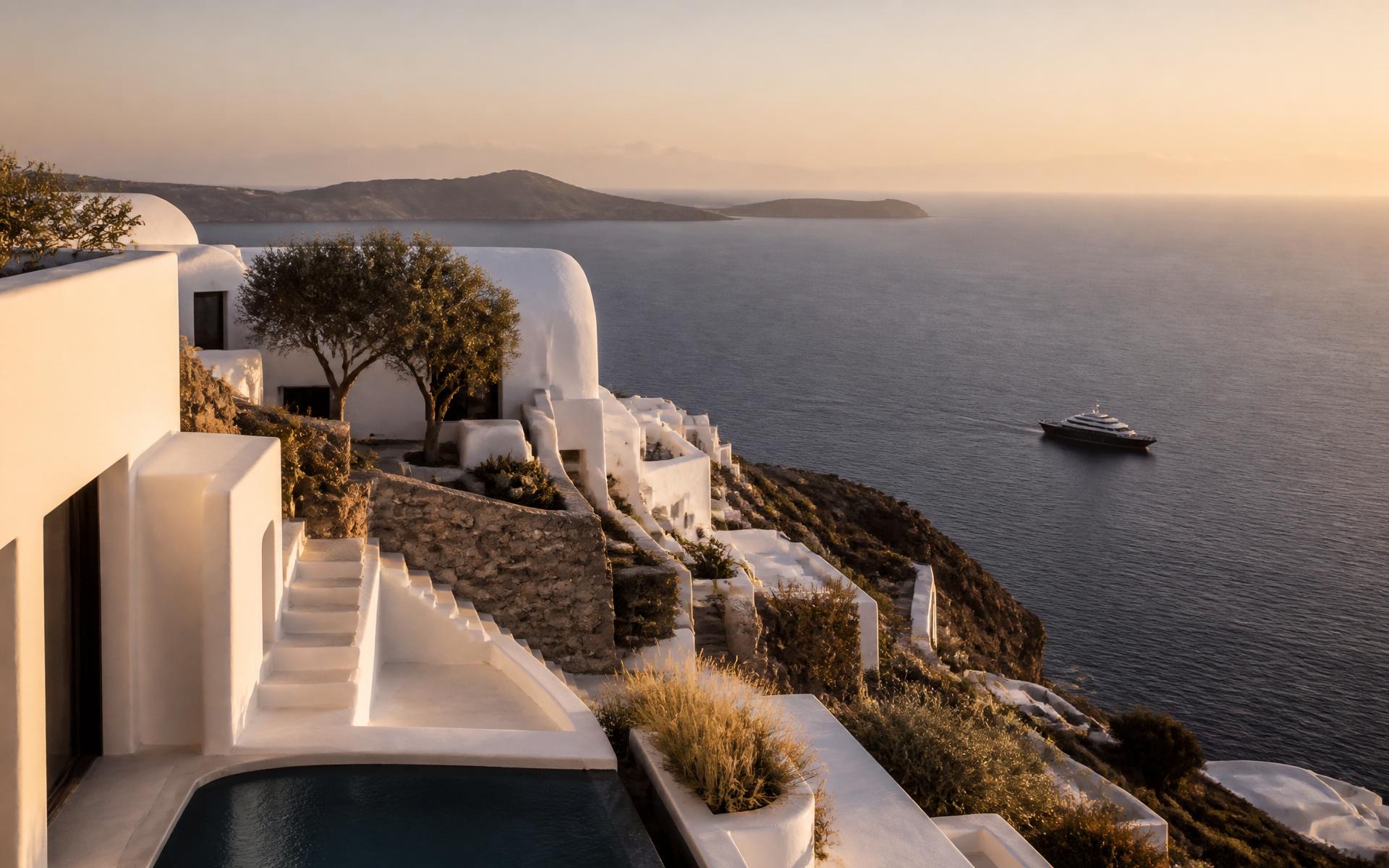 Whitewashed Mykonos villa at golden hour above the Aegean Sea — privately arranged by My Royal Concierge